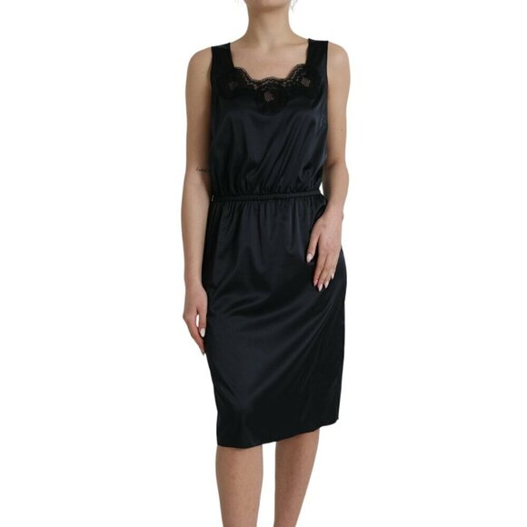 Dolce & Gabbana Black Polyester Lace Trim Sheath Midi Dress/IT46XL/Black